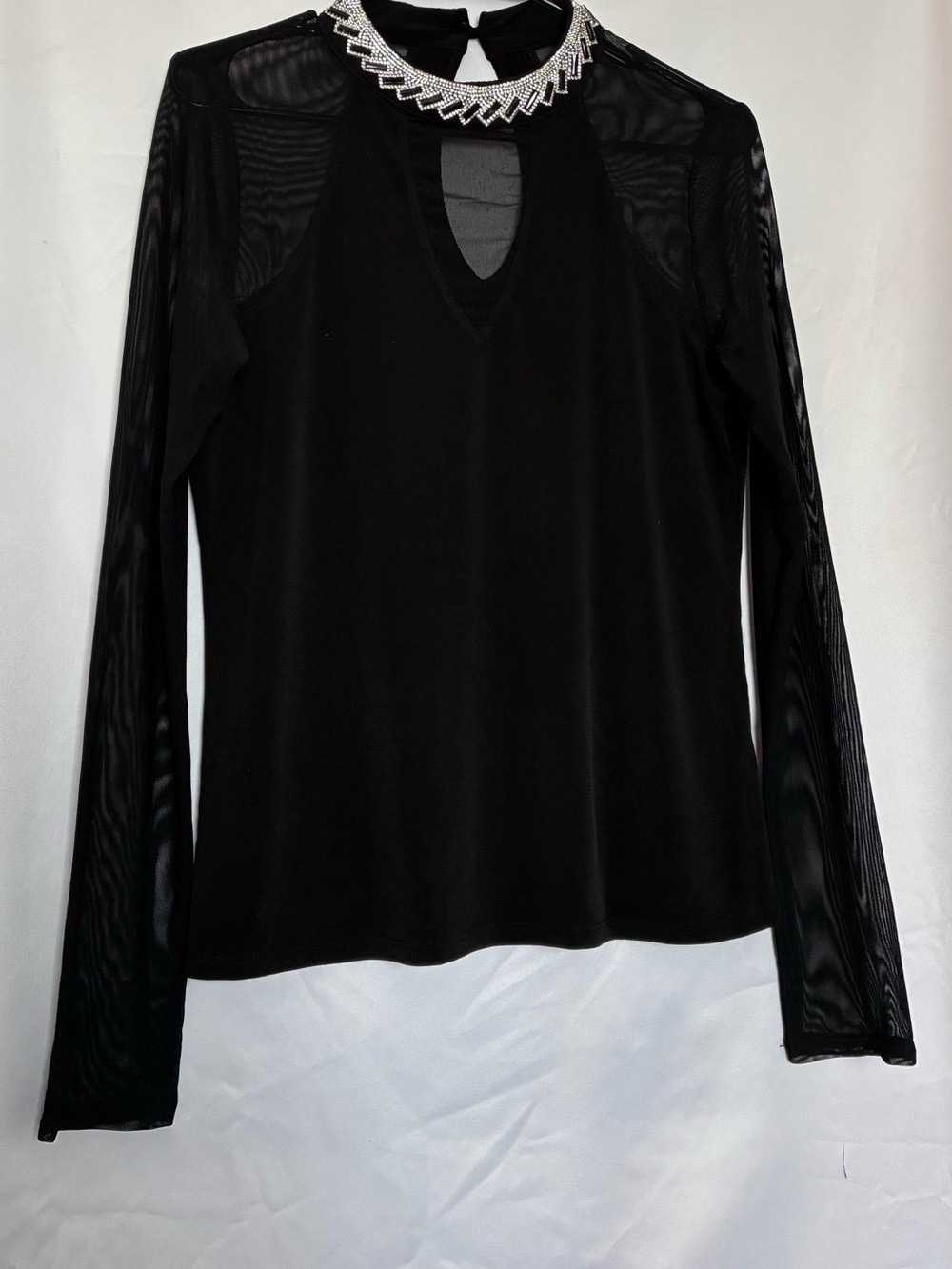 Moa Moa Black Long Sleeve Sheer Panel Top with Jeweled Collar